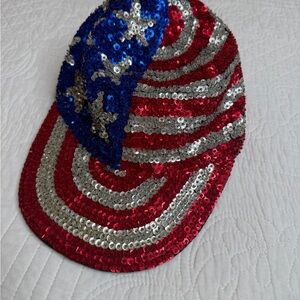 Vintage Red White Blue Sequin Baseball Cap Hat Go Glittery Brand Made In USA